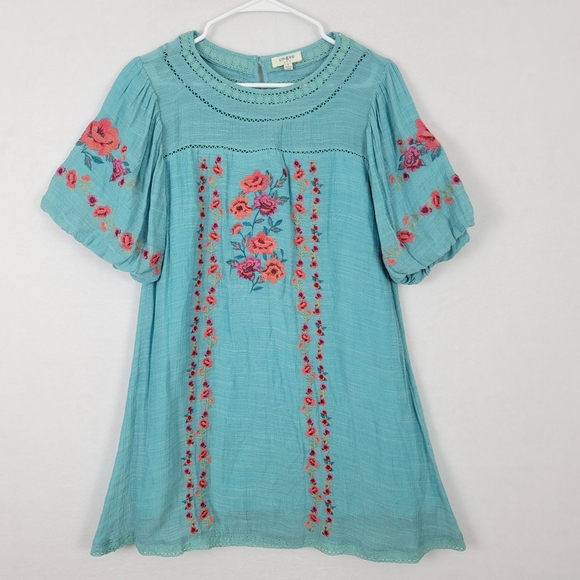 Umgee Teal Colorful Floral Embroidered Small Shirt Sleeve Mini Dress Bohemian - Picture 1 of 7
